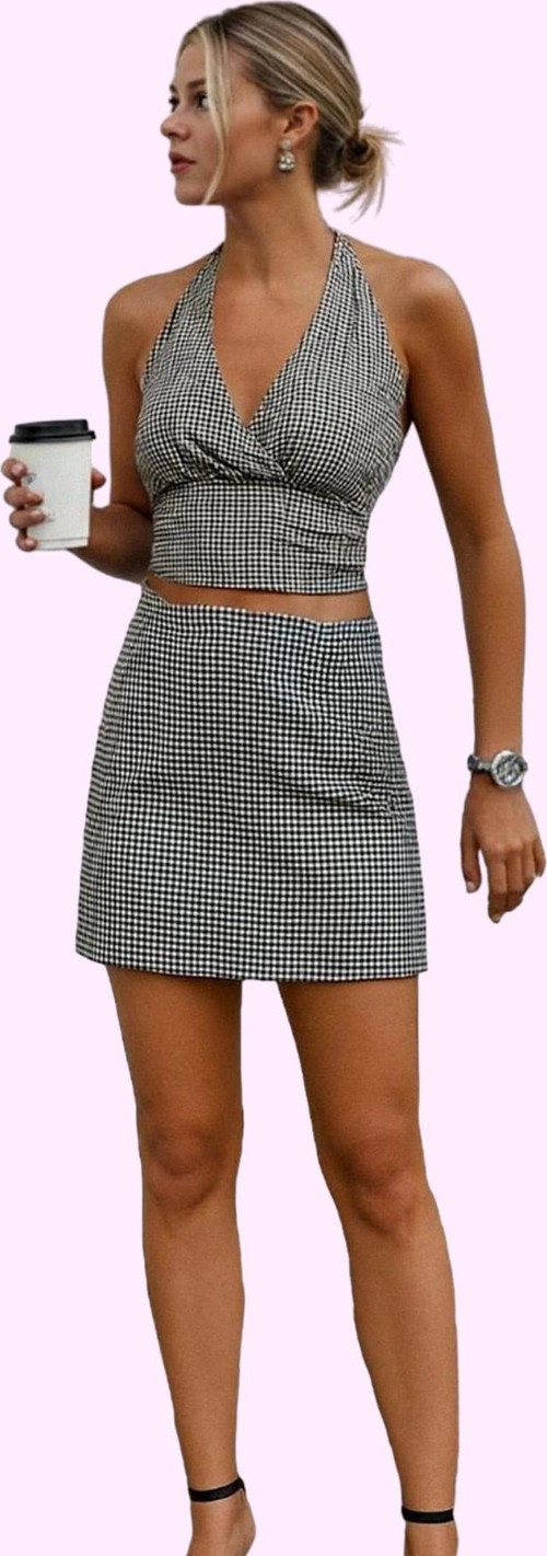 Kadın Slim Fit Kareli Mini Örme Etek Şort Detaylı Rahat Yazlık Günlük Kullanım Özel Günler
