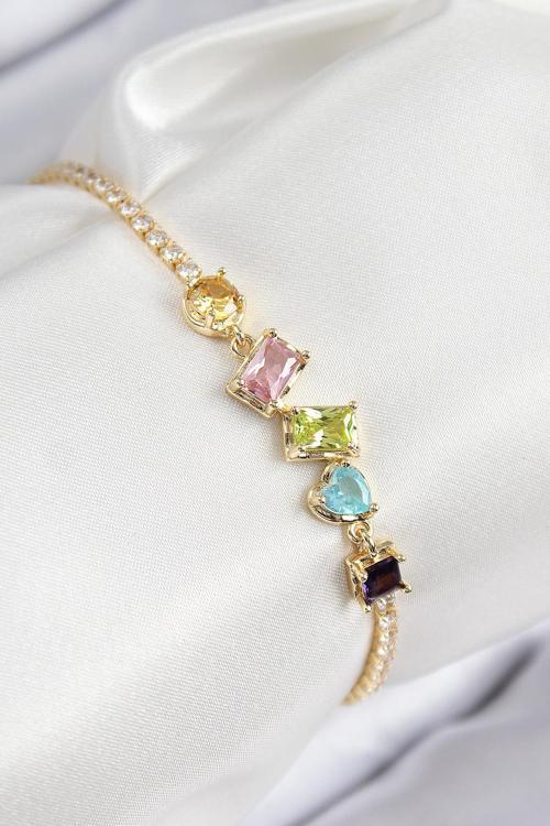 Pirinç Renkli Zirkon Taşlı Geometrik Model Gold Renk Kadın Bileklik