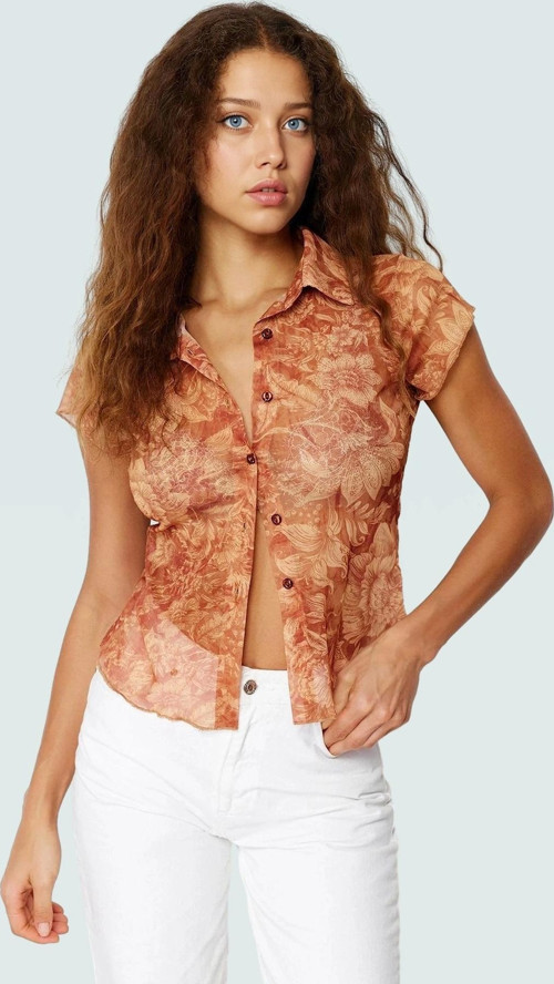 Çok Çiçek Desenli Polyester Örme Bluz Vücuda Oturan Kısa Kollu Gömlek Yaka Tül