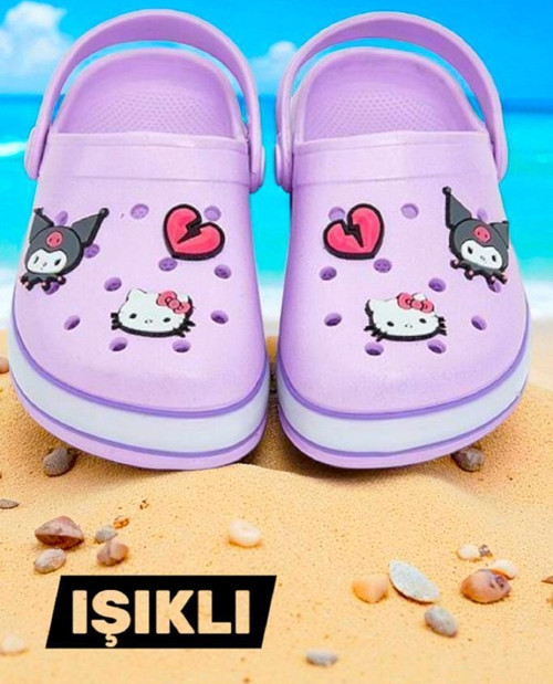 Kız Çocuk Lila Kuromi Baskılı Tabanı Işıklı Plaj Havuz Terliği & Sandaleti