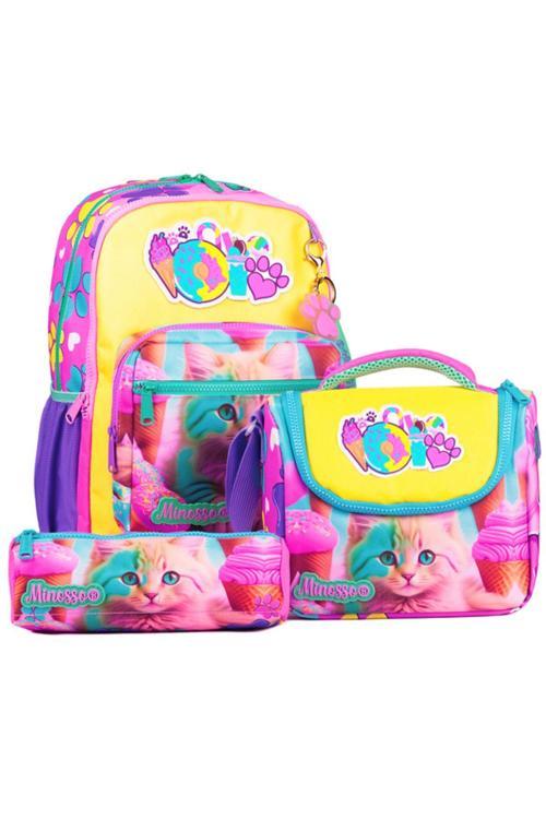 Kedi Desenli Kız Çocuk 3'lü Okul Çanta Seti Set1001