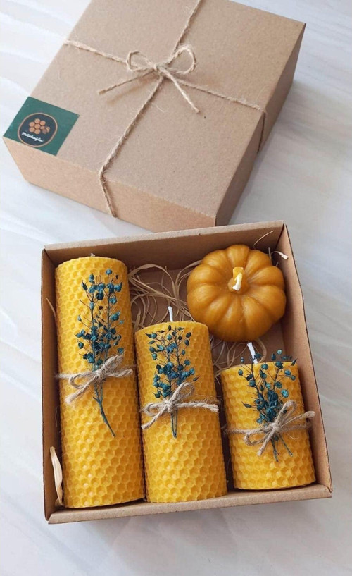 Dekoratif Doğal Petek Balmumu Mum Bal Kabağı Çiçekli Set Bal Mumu mum Hediy
