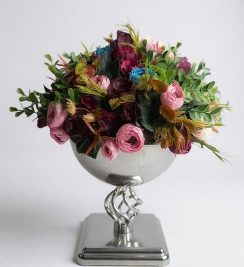 Yapay Çiçek Aranjmanı Erengüllü Gümüş Renk Metal Burgulu Vazolu Arajman Nişan Kız İsteme Çiçeği