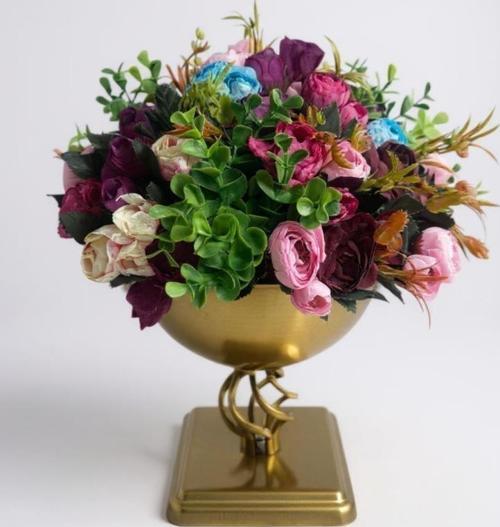 Yapay Çiçek Aranjmanı Erengüllü Antik Altın Renk Metal Burgulu Vazolu Nişan Kız İsteme Çiçeği