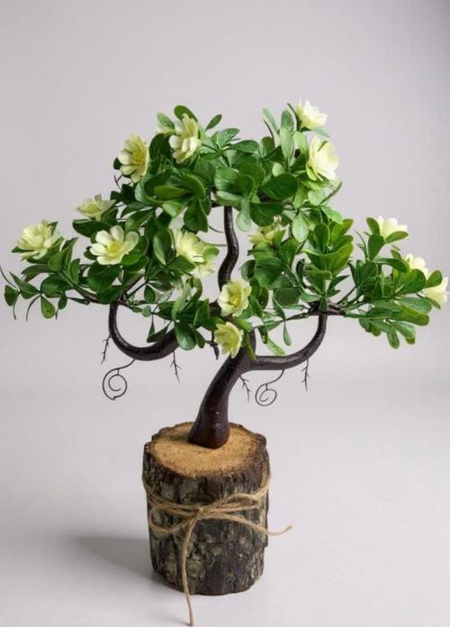 Yapay Çiçek Beyaz Çiçekli Bonsai Ağacı Dekoratif Kütük Saksıda Yapay Ağaç Bonzai Losus Çiçekli
