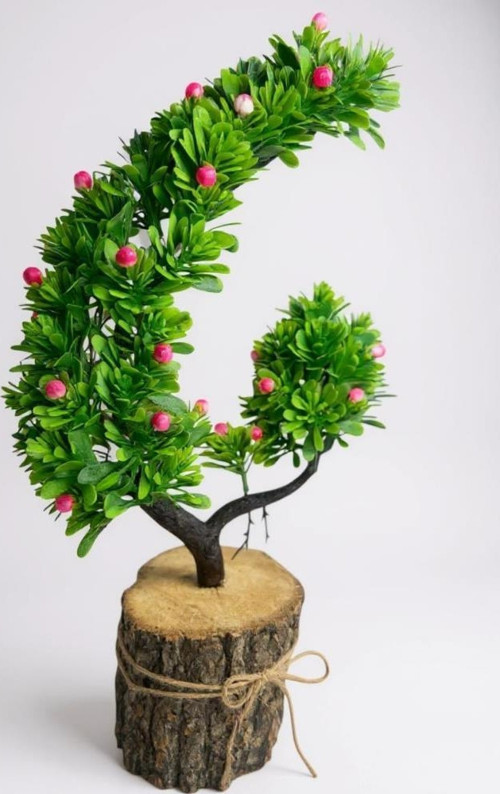 Yapay Çiçek Pembe Çiçekli Bonsai Ağacı Dekoratif Kütük Saksıda Yapay Ağaç Bonzai Hilal Model