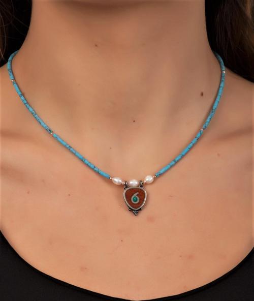 Doğal Taşlı Mozaik İşlemeli Tasarım Gümüş Kolye 6734