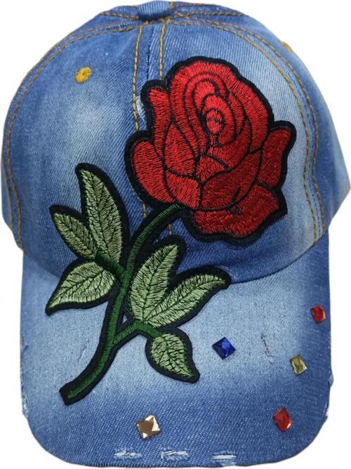 Bayan Çiçek Nakışlı Taşlı Kot Şapka Mavi