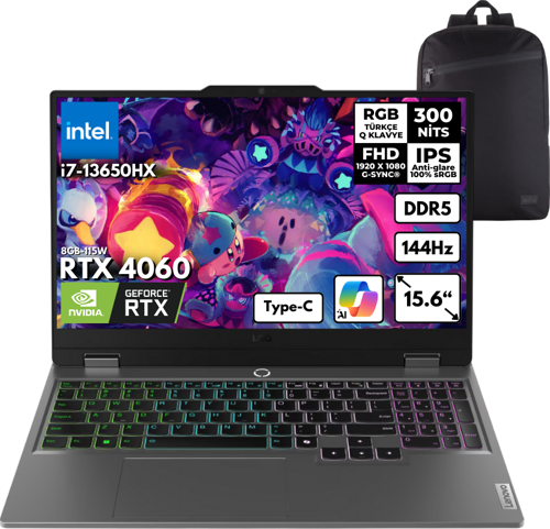 LOQ i7 13650HX 40GB1 TBSSD RTX4060 (8GB-115W) 15.6" FHD 144Hz Windows 11 Pro + HMF Sırt Ç. 83DV00WVTRHMF25