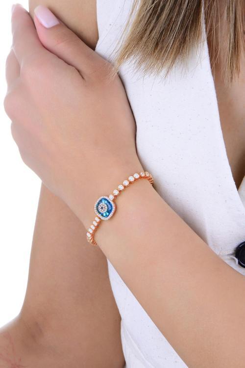 Gümüş rose zirkon taşlı kare nazar boncuklu asansörlü cam göz su yolu bileklik [barcode]