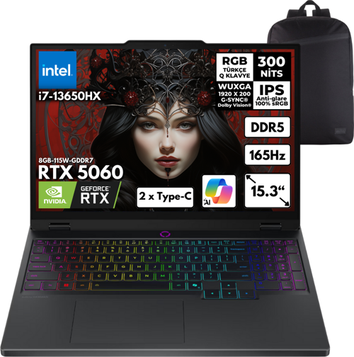 Legion 5 i7-13650HX 24GB 4 TBSSD RTX5060 (8GB-115W-GDRR7) 15.3" WUXGA Win10 Home + HMF Sırt Ç. 83LY00AXTRHMF88