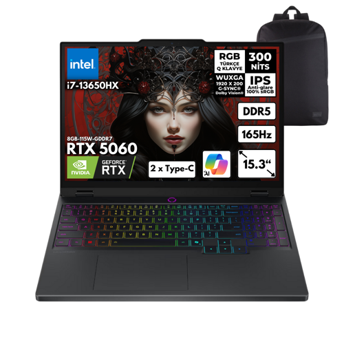 Legion 5 i7-13650HX 16GB 1 TBSSD RTX5060 (8GB-115W-GDRR7) 15.3" WUXGA Win11 Home + HMF Sırt Ç. 83LY00AXTRHMF37