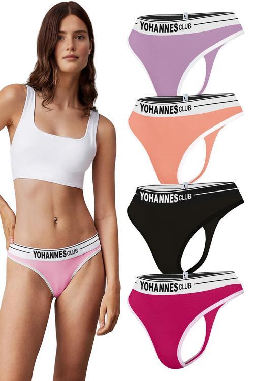 , Kadın Lastik Kemerli, Pamuklu, Tanga Külot, 4'lü Paket,