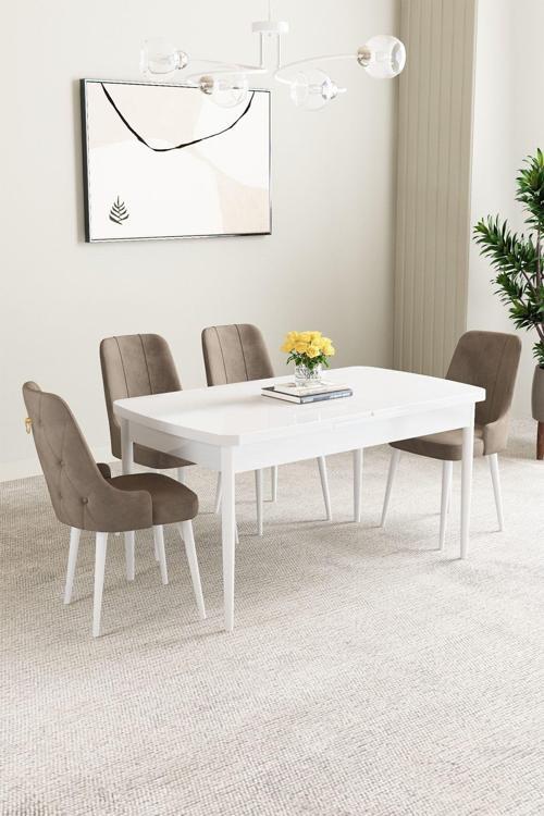 Clara Beyaz 80x132 Açılabilir Mdf Masa Yemek Odası Takımı,Mutfak Takımı 4 Adet Sandalye