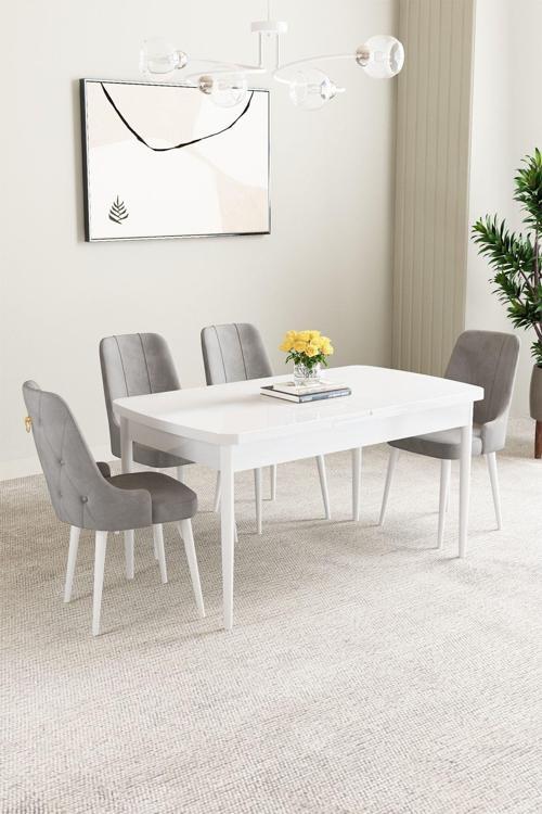 Clara Beyaz 80x132 Açılabilir Mdf Masa Yemek Odası Takımı,Mutfak Takımı 4 Adet Sandalye