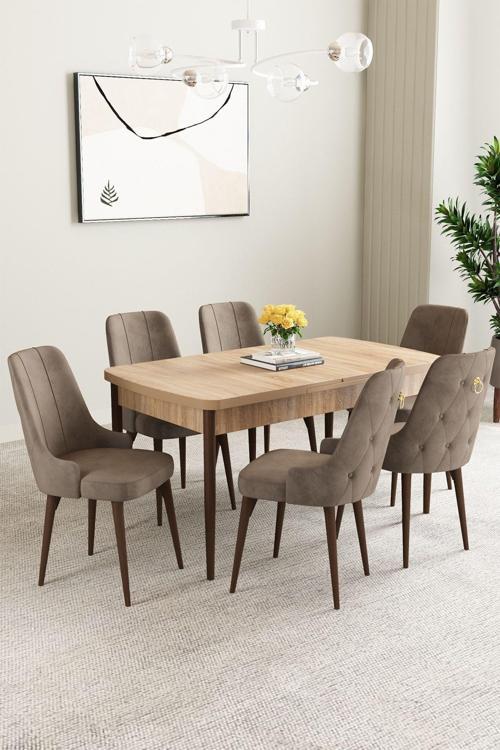 Clara Meşe Desen 80x132 Açılabilir Mdf Masa Yemek Odası Takımı,Mutfak Takımı 6 Adet Sandalye