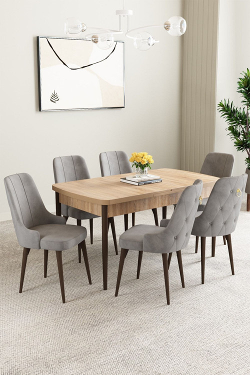 Clara Meşe Desen 80x132 Açılabilir Mdf Masa Yemek Odası Takımı,Mutfak Takımı 6 Adet Sandalye