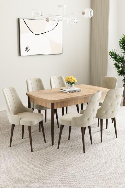 Clara Meşe Desen 80x132 Açılabilir Mdf Masa Yemek Odası Takımı,Mutfak Takımı 6 Adet Sandalye