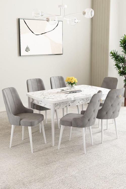 Clara Beyaz Mermer Desen 80x132 Açılabilir Mdf Masa Yemek Odası Takımı,Mutfak Takımı 6 Adet Sandalye