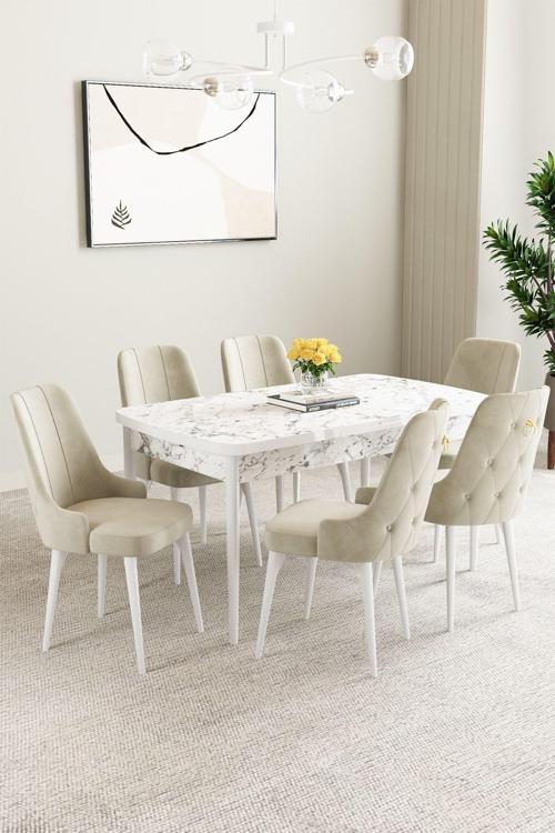 Clara Beyaz Mermer Desen 80x132 Açılabilir Mdf Masa Yemek Odası Takımı,Mutfak Takımı 6 Adet Sandalye