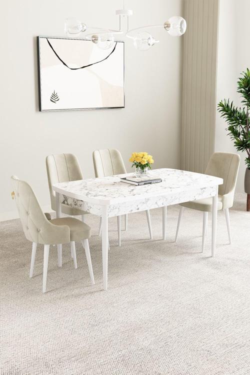 Clara Beyaz Mermer Desen 80x132 Açılabilir Mdf Masa Yemek Odası Takımı,Mutfak Takımı 4 Adet Sandalye