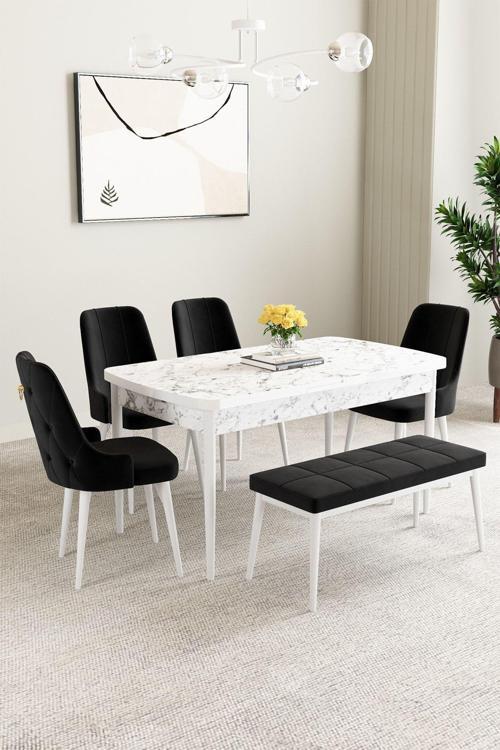 Clara Beyaz Mermer 80x132 Açılabilir Mdf Masa Yemek Odası Takımı,Mutfak Takımı 4 Sandalye 1 Bench