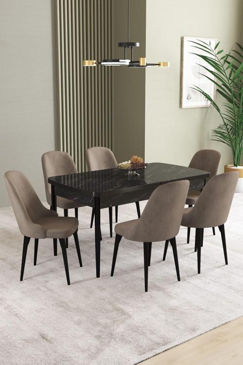 Ikon Siyah Mermer 80x132 Açılabilir Mdf Masa Yemek Odası Takımı, Mutfak Takımı 6 Adet Sandalye