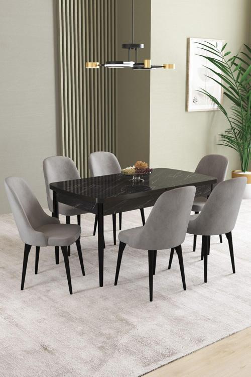 Ikon Siyah Mermer 80x132 Açılabilir Mdf Masa Yemek Odası Takımı, Mutfak Takımı 6 Adet Sandalye