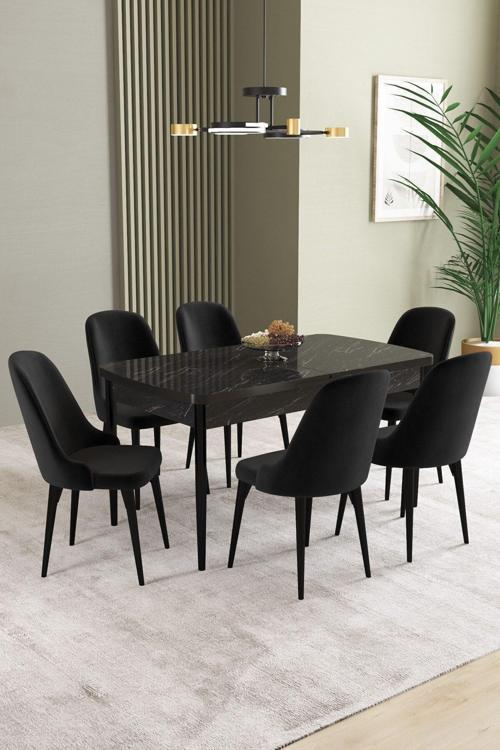 Ikon Siyah Mermer 80x132 Açılabilir Mdf Masa Yemek Odası Takımı, Mutfak Takımı 6 Adet Sandalye