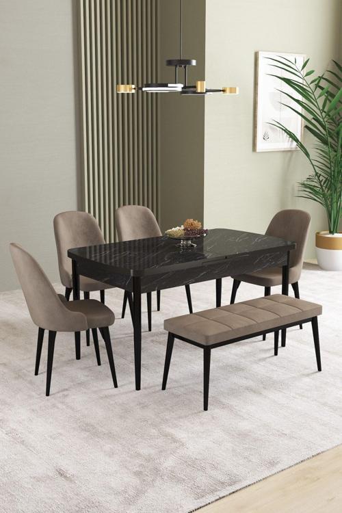 Ikon Siyah Mermer 80x132 Açılabilir Mdf Masa Yemek Odası Takımı, Mutfak Takımı 4 Sandalye, 1 Bench