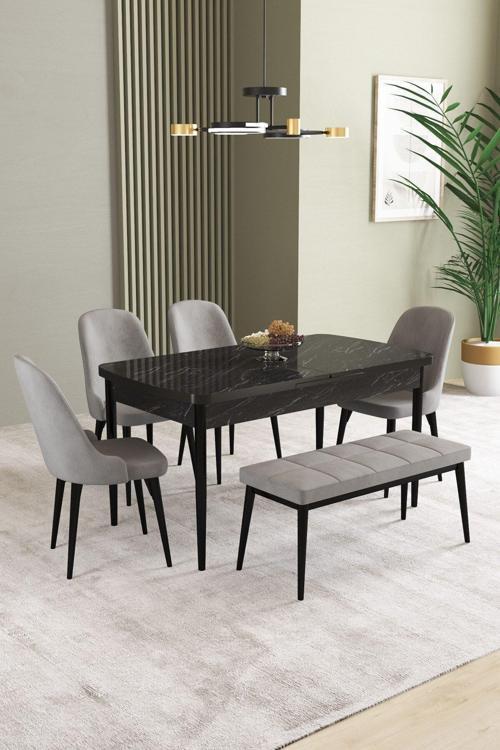 Ikon Siyah Mermer 80x132 Açılabilir Mdf Masa Yemek Odası Takımı, Mutfak Takımı 4 Sandalye, 1 Bench