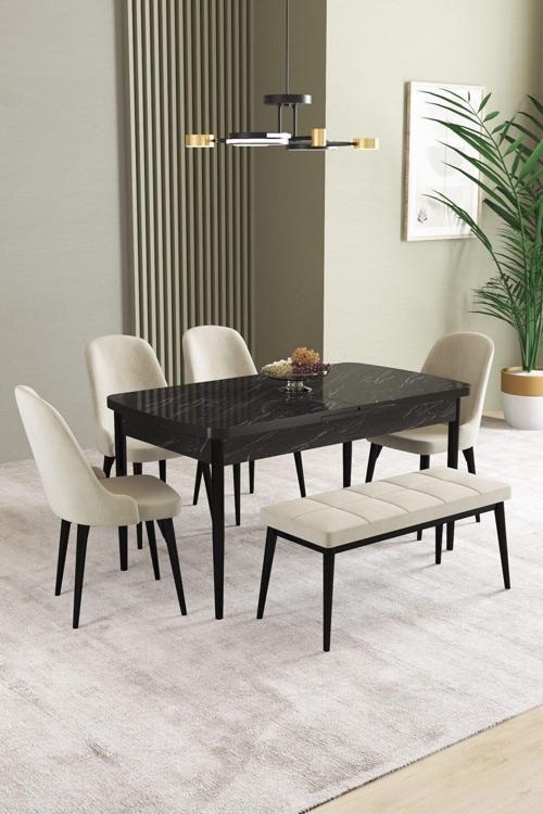 Ikon Siyah Mermer 80x132 Açılabilir Mdf Masa Yemek Odası Takımı, Mutfak Takımı 4 Sandalye, 1 Bench
