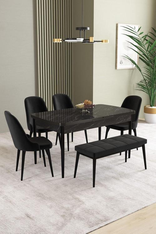 Ikon Siyah Mermer 80x132 Açılabilir Mdf Masa Yemek Odası Takımı, Mutfak Takımı 4 Sandalye, 1 Bench