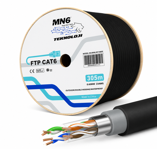 M108XF Cat6 FTP Ethernet Kablosu 305 Metre Dış Mekan UV Korumalı Çift Katmanlı PE+PVC Parazit Önleyici 23AWG 0.60mm