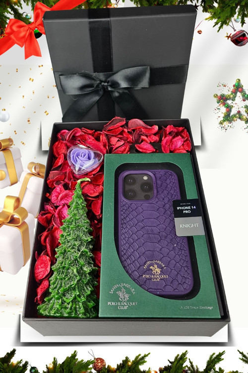 Santa Barbara Polo Knight-Hediye Seti/İphone 14 Pro Deri Kılıf-Yılbaşı Mumu-Kalpanahtarlık-Not Zarfı