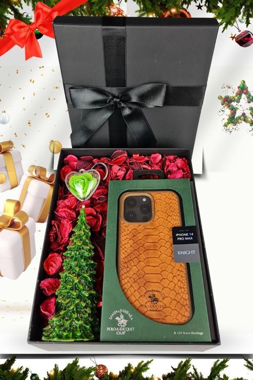 Santa Barbara Polo Knight-Hediye Seti/İphone 14 Pro Max Deri Kılıf-Yılbaşı Mumu-Kalp Anahtarlık-Zarf