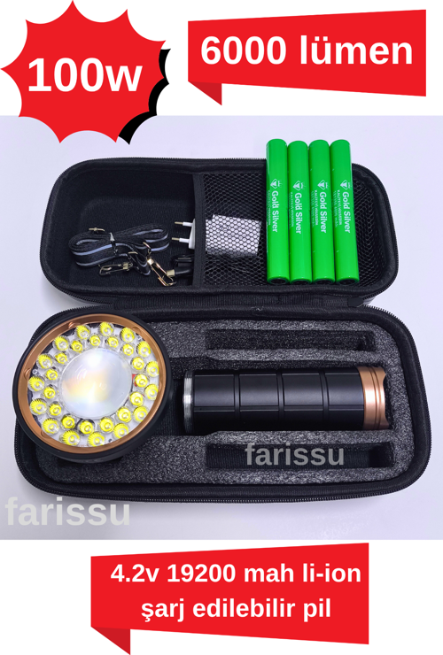 Gold Silver GS-14800 | 100W Ultra Güçlü Alüminyum El Feneri – 6000 Lümen