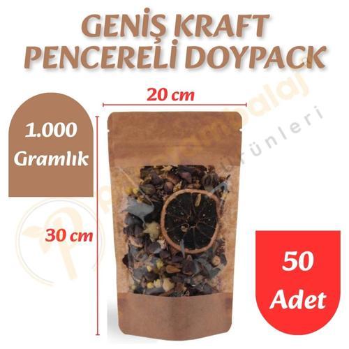 Geniş Kraft Pencereli Doypack 20x30x10 cm (50 Adet)