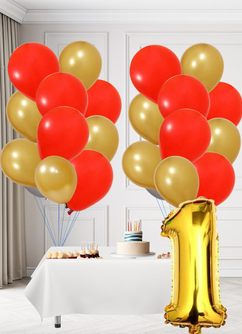 1 Yaş Sarı Kırmızı Taraftar Temalı Doğum Günü Seti Altın Kırmızı Balonlar Altın Folyo Rakam