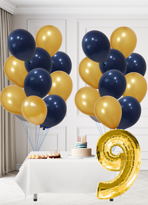 9 Yaş Sarı Lacivert Taraftar Temalı Doğum Günü Seti Altın Kozmik Lacivert Balonlar Altın Folyo Rakam