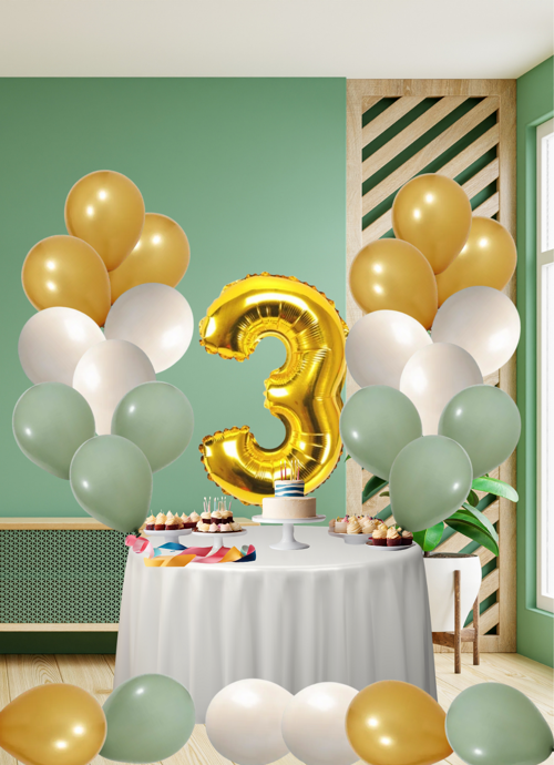 3 Yaş Küf Yeşili Temalı Doğom Günü Seti Metalik Gold Kum Beji Küf Yeşili Balonlar Gold Folyo Rakam