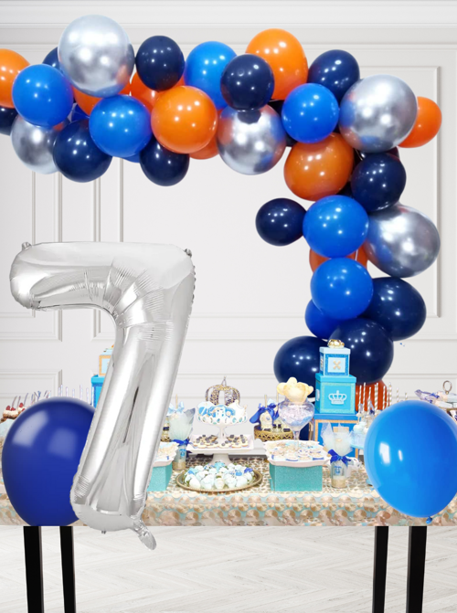 7 Yaş Kozmik Temalı Doğum Günü Seti Kozmik Mavi Turuncu Gümüş Mavi Balonlar Gümüş Folyo Rakam