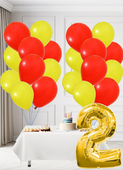 2 Yaş Sarı Kırmızı Taraftar Temalı Doğum Günü Seti Sarı Kırmızı Balonlar Altın Folyo Rakam
