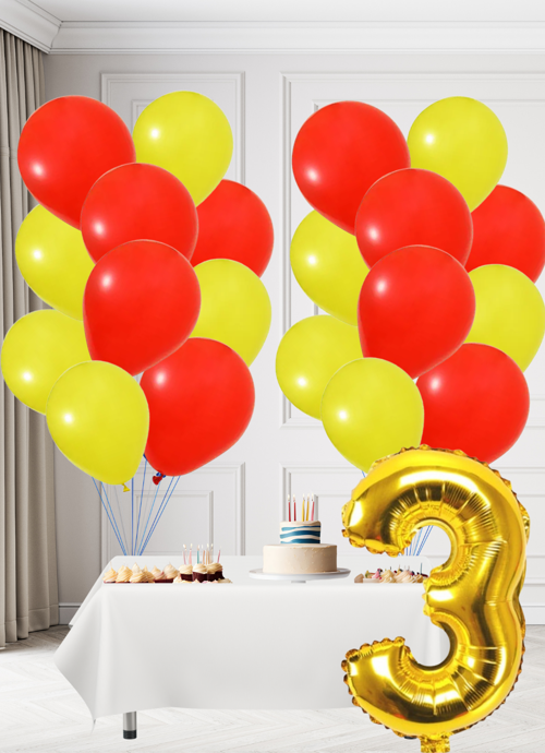 3 Yaş Sarı Kırmızı Taraftar Temalı Doğum Günü Seti Sarı Kırmızı Balonlar Altın Folyo Rakam