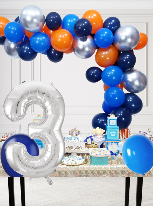 3 Yaş Kozmik Temalı Doğum Günü Seti Kozmik Mavi Turuncu Gümüş Mavi Balonlar Gümüş Folyo Rakam