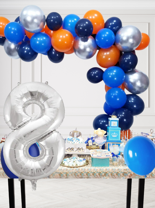 8 Yaş Kozmik Temalı Doğum Günü Seti Kozmik Mavi Turuncu Gümüş Mavi Balonlar Gümüş Folyo Rakam