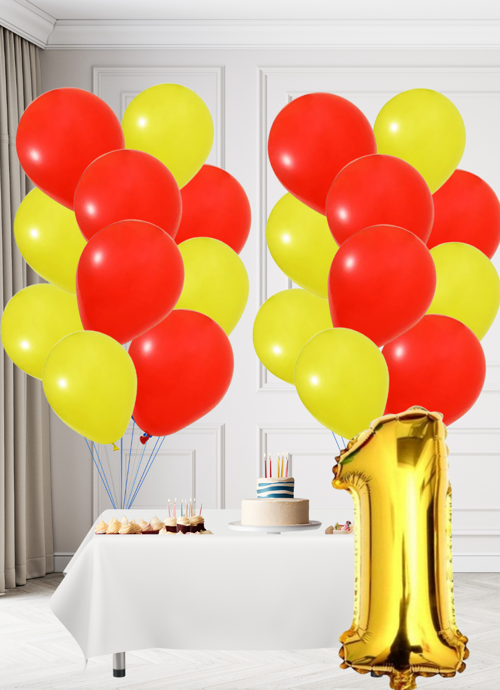 1 Yaş Sarı Kırmızı Taraftar Temalı Doğum Günü Seti Sarı Kırmızı Balonlar Altın Folyo Rakam