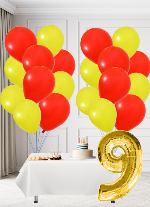 9 Yaş Sarı Kırmızı Taraftar Temalı Doğum Günü Seti Sarı Kırmızı Balonlar Altın Folyo Rakam