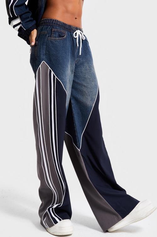 Kadın Kot Rengi Denim Kumaş Parçalı Bol Kesim Özel Tasarım Denim Jean