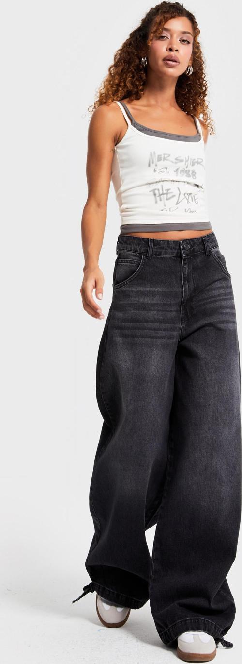 Kadın Füme Renk 2w5-1 Straight Baggy Fit %100 Koton Paça Bağcık Detaylı Bol Kesim Denim Jean